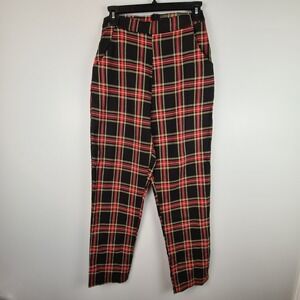 Romwe Women's Pants Small US 4 Red‎ Black Plaid Trousers Zip Back Tapered Leg